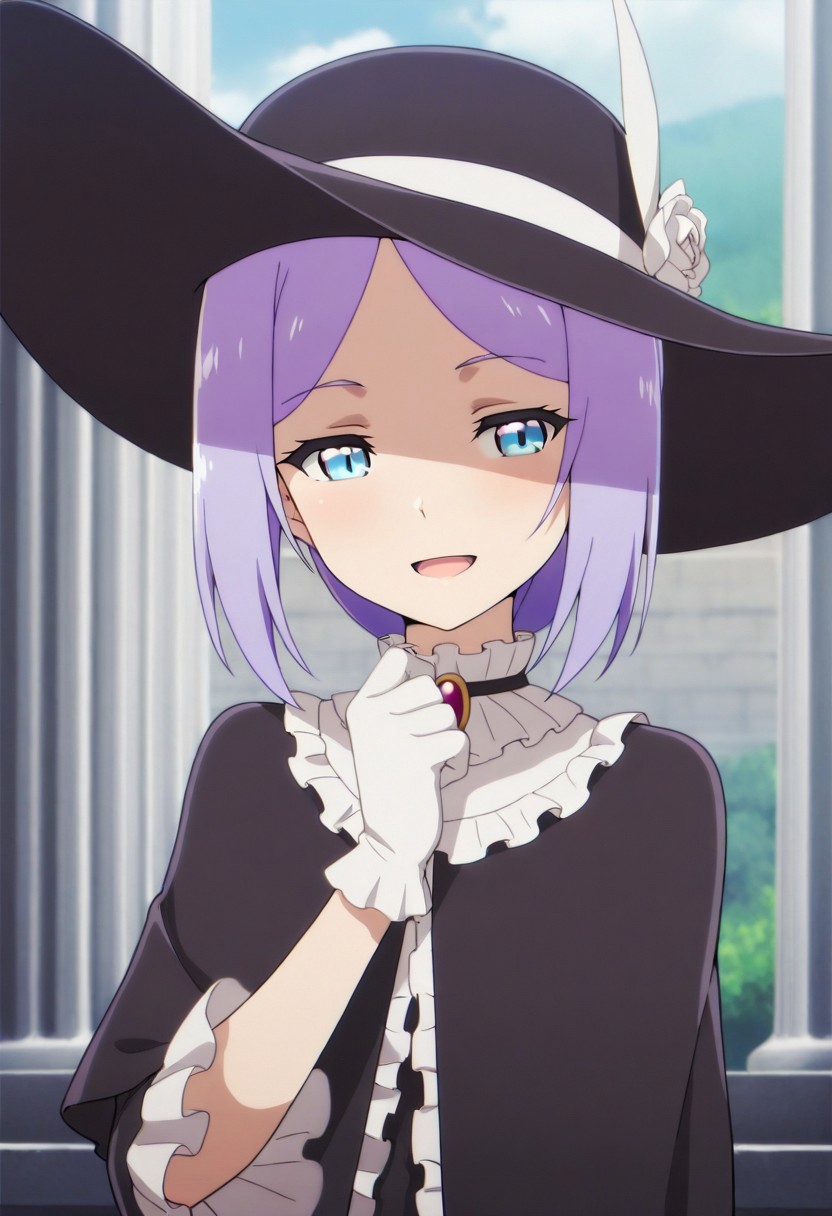masterpiece,best quality,amazing quality, laura latuule, blue eyes, purple hair,  1girl, hat, solo, gloves, flower, open mouth, white gloves, smile, dress
