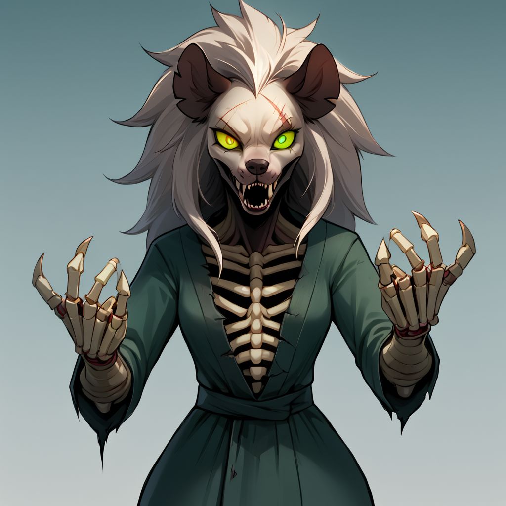 Solo, female, gnoll, black rotting fur, messy fur, glowing green left eye, blind right eye, scar over right eye, skeleton hands, claws, necromancer robe, eldritch, ugly green magic in skeleton hands, hyena anthro, undead anthro