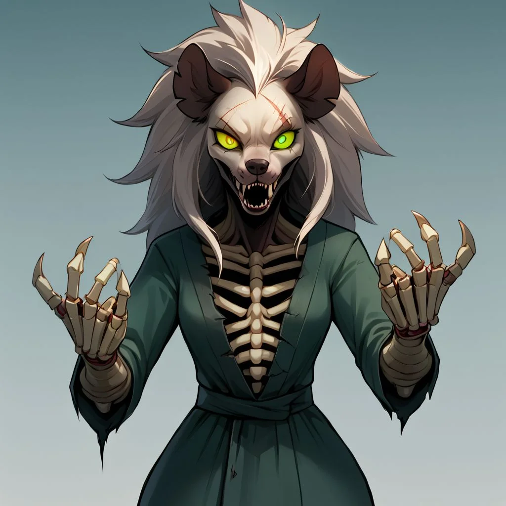 Solo, female, gnoll, black rotting fur, messy fur, glowing green left eye, blind right eye, scar over right eye, skeleton hands, claws, necromancer robe, eldritch, ugly green magic in skeleton hands, hyena anthro, undead anthro