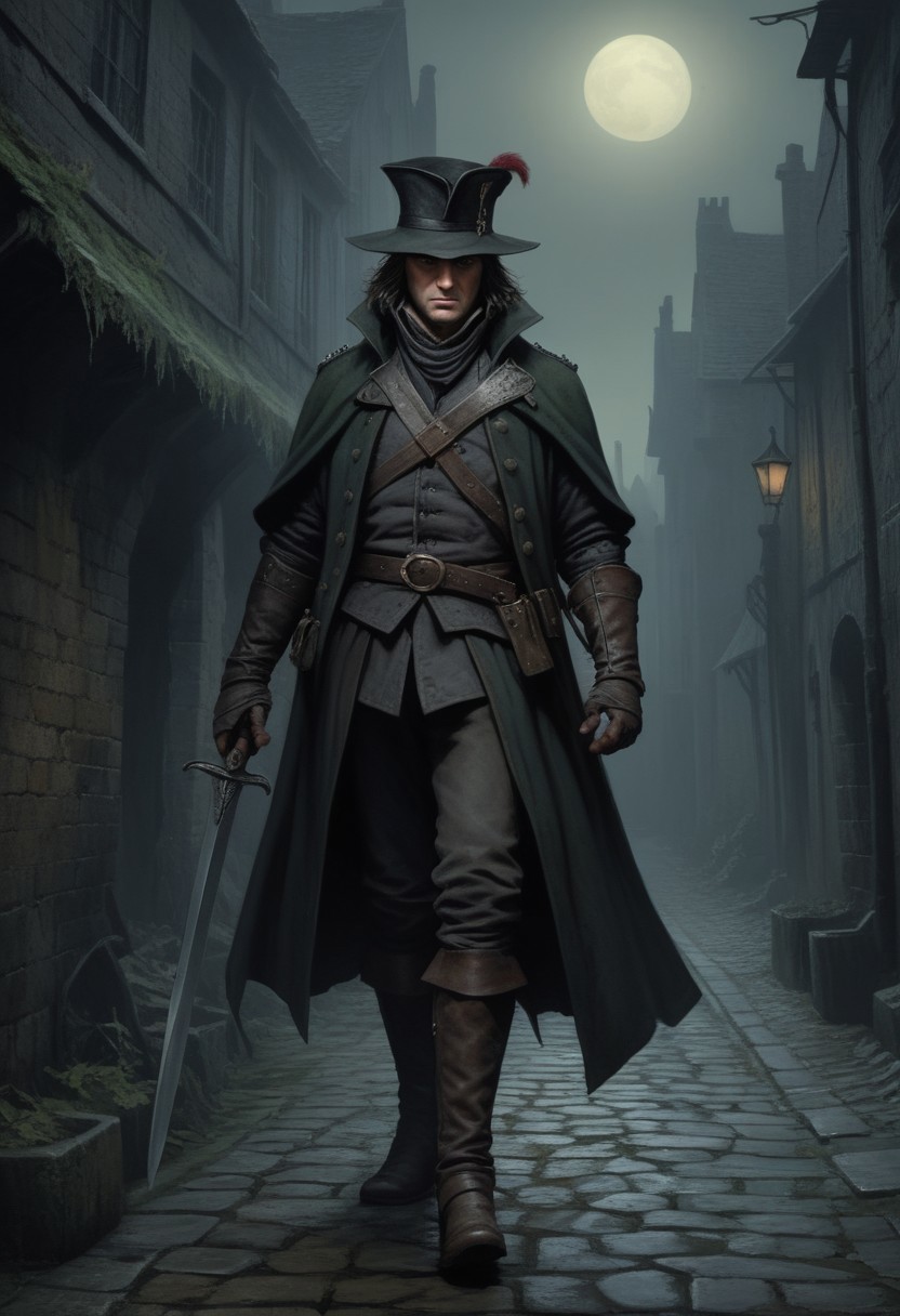 Dark Fantasy Artwork of a lean pale 14th century highwayman ((((nails picking with a straight dagger, one glove off)))), one glove on, gaunt face, beady eyes, (a creepy green moon), (top half of his face obscured by shadow). ((((Napoleons hat, bicorne)))), wide gray cowl on shoulders, short blue wool jacket, light hose, miparti codpiece, long slim riding boots. DarkestDungeon artstyle. Karl Kopinski artstyle, John Blanche artstyle, very detailed. Dark foggy alley in the 1500's background, mordheim,