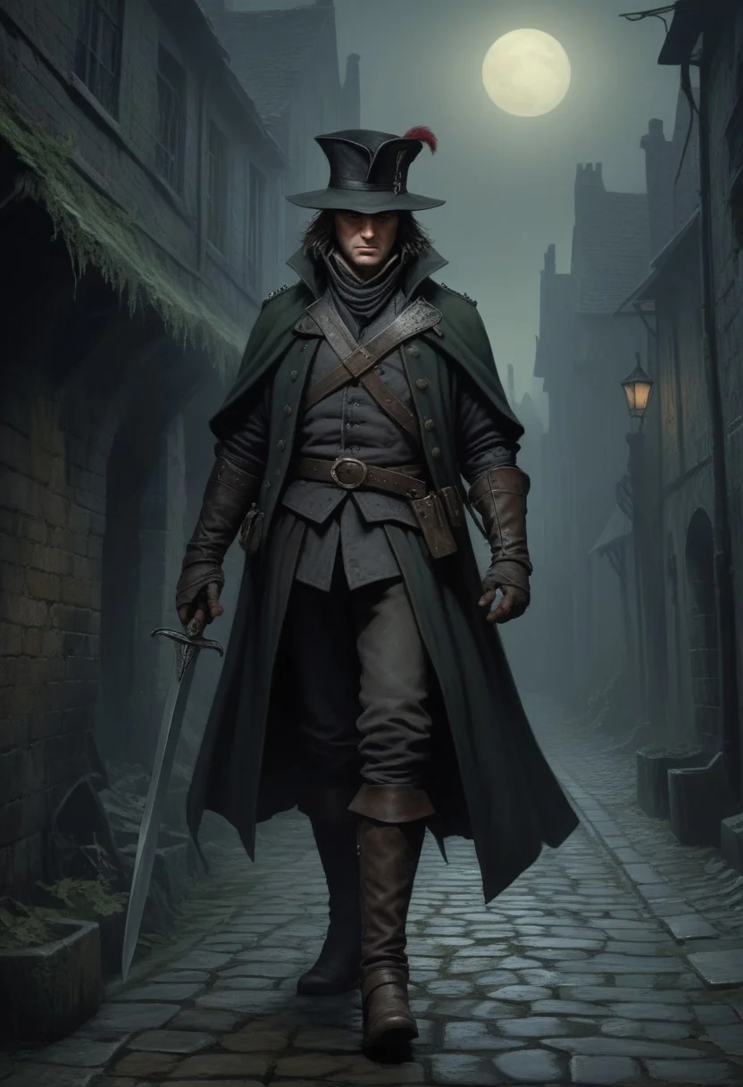 Dark Fantasy Artwork of a lean pale 14th century highwayman ((((nails picking with a straight dagger, one glove off)))), one glove on, gaunt face, beady eyes, (a creepy green moon), (top half of his face obscured by shadow). ((((Napoleons hat, bicorne)))), wide gray cowl on shoulders, short blue wool jacket, light hose, miparti codpiece, long slim riding boots. DarkestDungeon artstyle. Karl Kopinski artstyle, John Blanche artstyle, very detailed. Dark foggy alley in the 1500's background, mordheim,