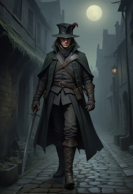 Dark Fantasy Artwork of a lean pale 14th century highwayman ((((nails picking with a straight dagger, one glove off)))), one glove on, gaunt face, beady eyes, (a creepy green moon), (top half of his face obscured by shadow). ((((Napoleons hat, bicorne)))), wide gray cowl on shoulders, short blue wool jacket, light hose, miparti codpiece, long slim riding boots. DarkestDungeon artstyle. Karl Kopinski artstyle, John Blanche artstyle, very detailed. Dark foggy alley in the 1500's background, mordheim,