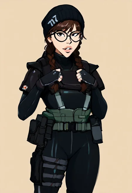 score_9, score_8_up, score_7_up, score_6_up, score_5_up, score_4_up,high details, perfect face,
KaraHitsuPXL,1girl, brown hair, long hair, bangs,black eyes, buck teeth,teeth,parted lips
gloves,hat,black eyes,glasses,black gloves,fingerless gloves,lips,twin braids,black headwear,bodysuit,skin tight,black-framed eyewear,pouch,round eyewear,black bodysuit,beanie,holster,tactical clothes
yoji_shinkawa, colored sketch, BlackWhiplash Style, 18dart3