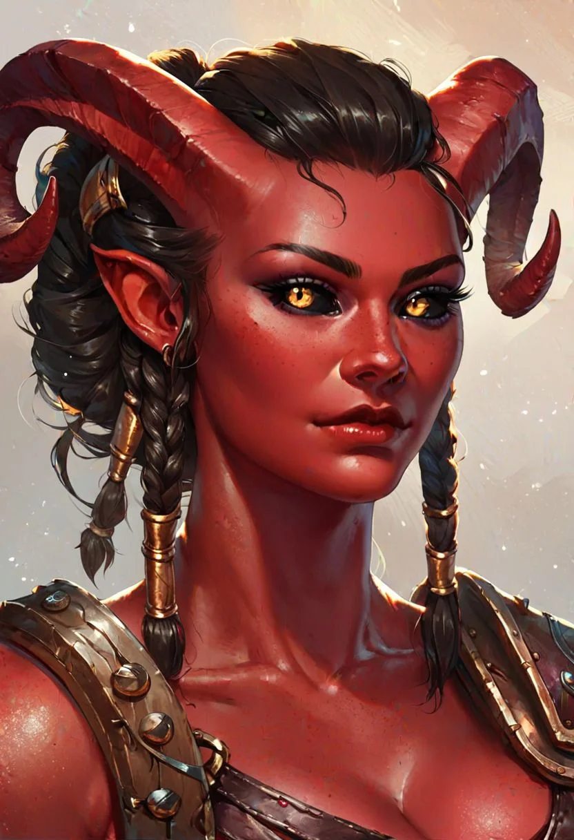 score_9, score_8_up, score_7_up, tiefling,female(red_skin,dark_hair,black_sclera,muscular,gladiator) keep_the_face, beautiful_eyes, twisted horns, wearing a battleaxt twohanded