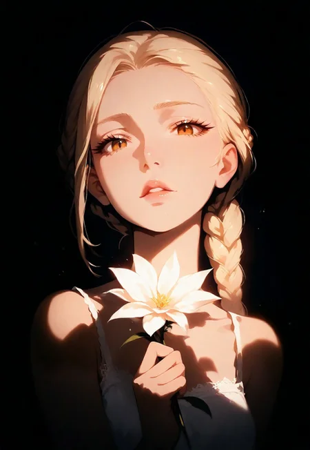 1girl, (blonde braid:1.2),   (brown eyes:0.7), (detailed eyes), lips, thin lips, parted lips, solo, (ooking at viewer:1.1), (squint:1.2), eyelashes, holding flower, dynamic lighting, camisole, upper body, dark, (underlightling:1.3), masterpiece, best quality, very aesthetic close up,