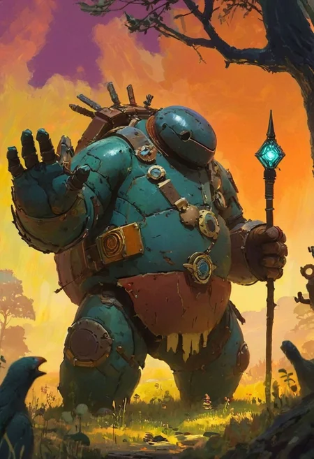 A tall figure (big hero) dressed in patchwork armor made of metal and leather, holding a staff with a glowing crystal at its tip. Around them are various mechanical beasts, from tiny clockwork birds to large, lumbering golems. The Beastmaster's eyes are sharp and calculating, and they command the creatures with a mix of whistles and hand signals. The scene is set in a clearing, with the forest encroaching on all sides.,
in the style of decaying animatronic, claymation, VHS screen grab, grainy, old footage, in the style of an old 80's VHS dark fantasy, VHS screen grab, grainy, old footage
, the scene is captured in dimly lit dark fantasy but vibrant colors, with bold ink lines defining form against the watercolor wash of the aged paper