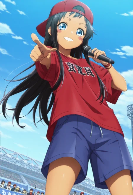 masterpiece, best quality,  absurdres, highres, cinematic light, 1girl, solo, <lora:hina_kyan:1> kyan_wz, black hair, long hair, blue eyes, blush stickers, dark skin, dark-skinned female, oversized clothes, oversized shirt, blue shorts, red shirt, red baseball cap, backwards hat, holding microphone, stage, day, blue sky, looking at viewer, dutch angle, from below, pointing at viewer, smile, <lora:anime_screencap-Illustrious_1064755:1> anime screencap, anime coloring