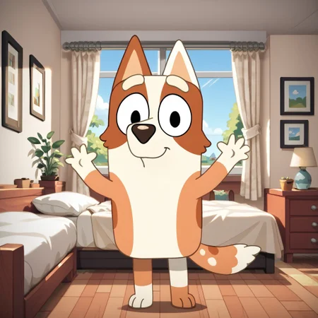 score_9, score_8_up, score_7_up, score_6_up, score_5_up, score_4_up, bluey style, masterpiece, high quality, realistic, detailed, best quality, white bed, solo, rating_safe, source_furry, bedroom, smiling, looking at viewer, good_hands, standing, waving, brandy_bluey, dog, canine, brown fur, white fur, two-toned fur, white left ear, tail, female, 1girl, black eyes, anthro