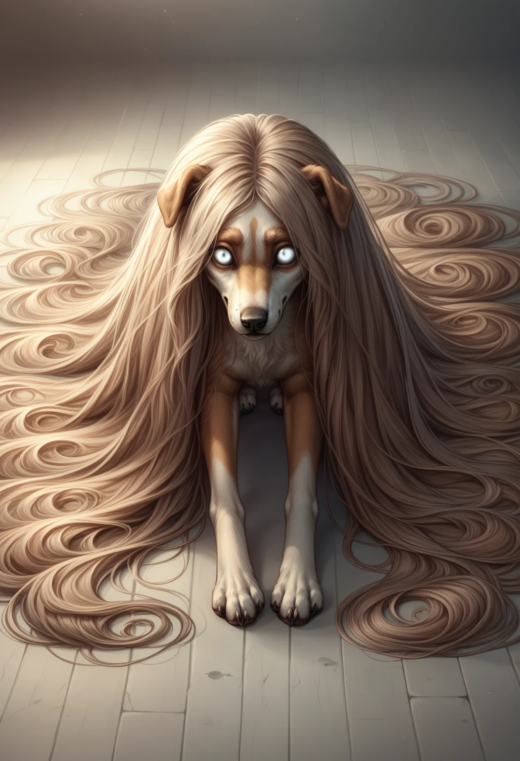 score_9_up, score_8_up, score_7_up, detailed, horror, overhead shot, sad, (dog, canine), solid white eyes, absurdly long hair, floor length hair, body, legs, (quadrupedal), <lora:FloorLengthHair:0.7>