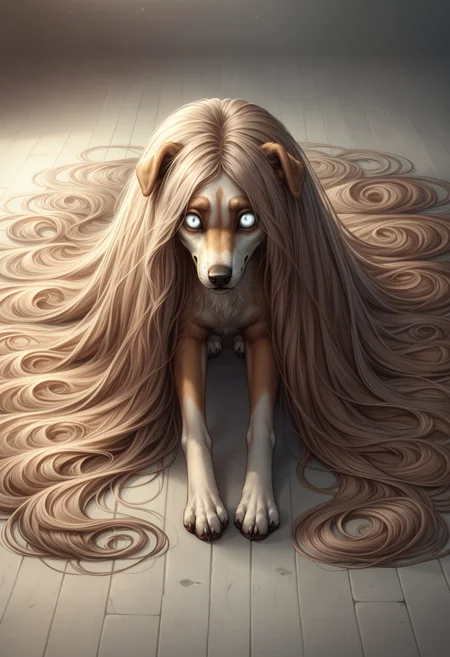score_9_up, score_8_up, score_7_up, detailed, horror, overhead shot, sad, (dog, canine), solid white eyes, absurdly long hair, floor length hair, body, legs, (quadrupedal), <lora:FloorLengthHair:0.7>
