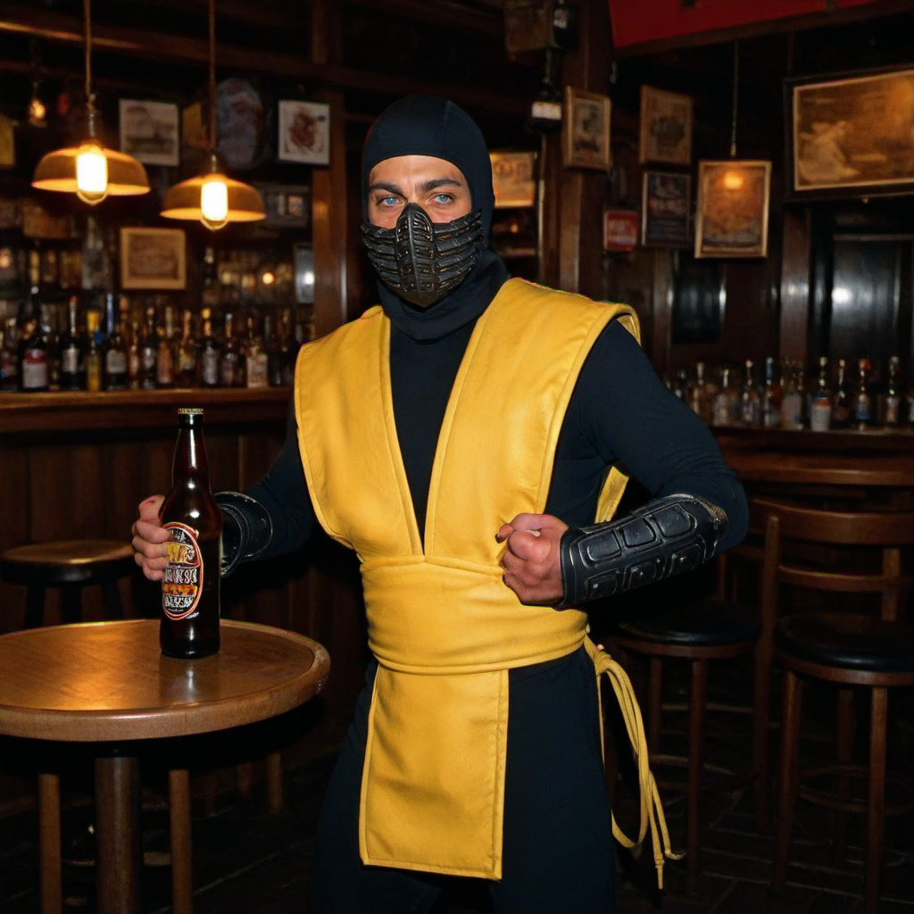 a ninja 1boy with a mask , having a beer in a pub  <lora:Scorpion1995-1024:0.8>