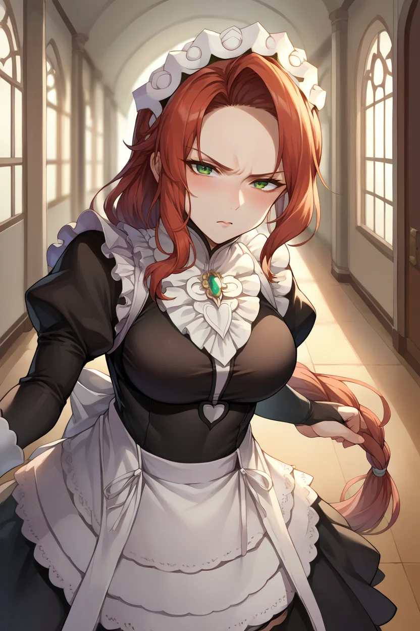 score_9, score_8_up, score_7_up, score_6_up, source_anime BREAK 1girl, solo, <lora:fetitania-pdxl-nvwls-v1-000005:1> defTitania, red hair, green eyes, braided ponytail,  <lora:fatesmaid-fe-richy-v1_pdxl:1> fates maid, maid headdress, maid apron, bridal gauntlets, black thighhighs, blush, annoyed, hallway, looking at you, mature female