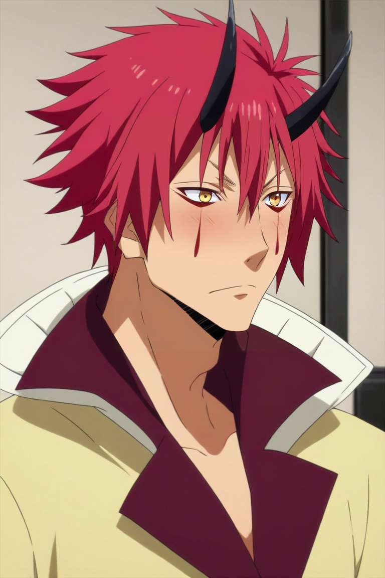 score_9, score_8_up, score_7_up, source_anime, rating_safe, intricate details, (realistic:0.6), , depth of field, 1boy, solo, male focus, <lora:benimaru_tensura_pony:0.98>, benimaru_tensura, red hair, yellow eyes, hair between eyes, horns, oni horns, facial mark, asymmetrical, gym, midnight, flexing, shy, blush, , <lora:sdxl_lightning_8step_lora:1>