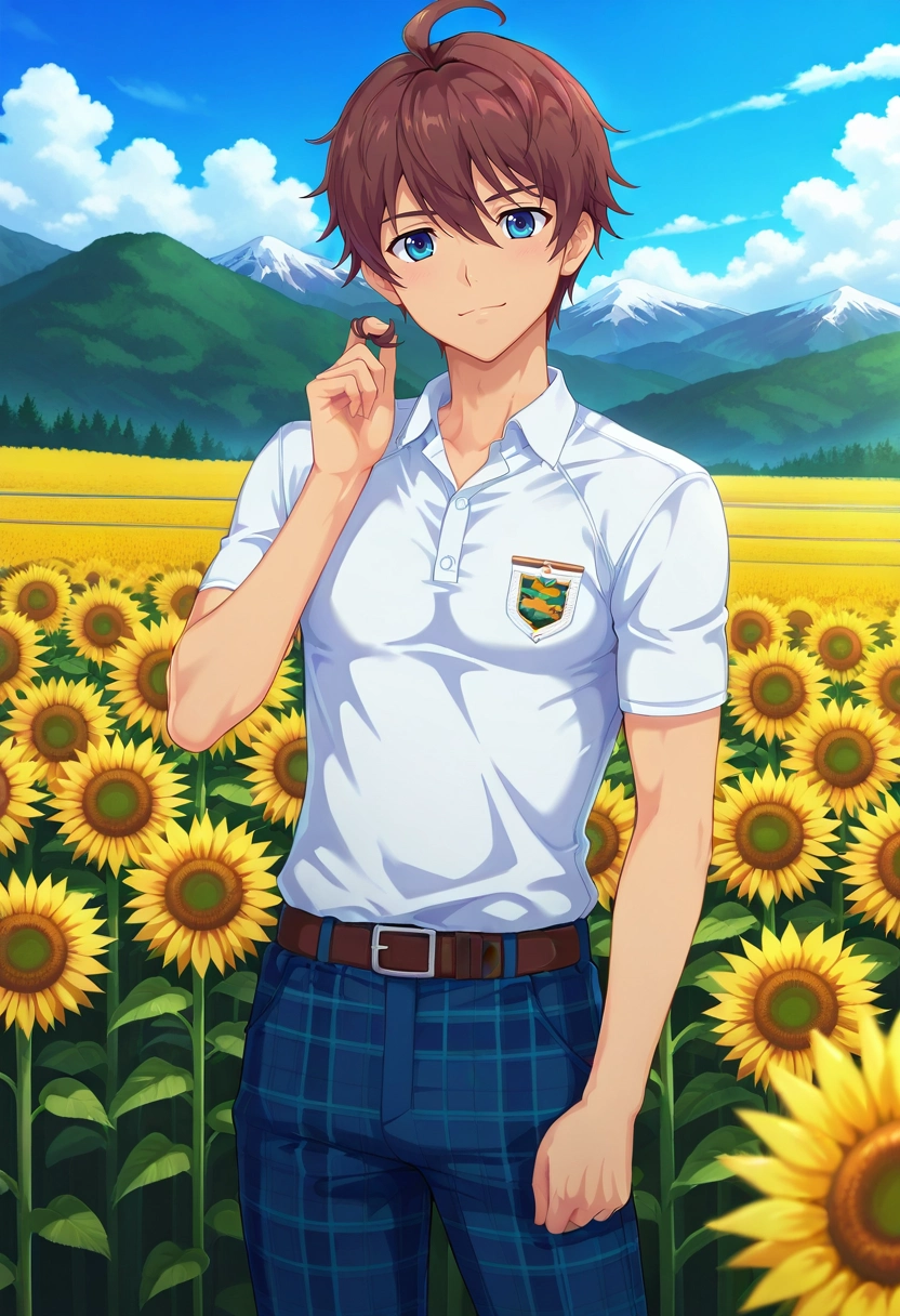 masterpiece, best quality, intricate details, anime screencap, , , looking at viewer, , 1boy, solo, male focus, <lora:seto_aihara_ilxl:1>, seto_aihara, brown hair, blue eyes, short hair, ahoge, uniform, sunflower field, sky, vibrant, wind, mountain, twirling, midday, joyful expression, flowing clothes, Flannel Herringbone Dress pants, Rugby shirt, , ,