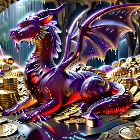 1dragon, highly detailed deep purple dragon, deep purple dragon made out of slime, scaly deep purple slime dragon, slime dragon with red eyes, deep purple slime dragon laying in its hoard, blue slime dragon with wings, dragon wings, detailed claws, detailed feet, detailed tail,
multi-colored gems made out of slime, in a room of treasure made out of slime, gold coins and bars made out of slime, piles of coins, piles of gold slime coins, piles of gold slime, tiny gold slime coins, 
treasure-room, treasure, gemstone, coins, gold bars, gold pile, 
everything made of slime, No simple background,
((translucent slime)), ((transparent slime)), (bioluminescent slime), sl1m3, slime, ais-blmn, watce, je11y, thickwater, great lighting, ral-lava, even lighting, no bright spots, saturated colors,