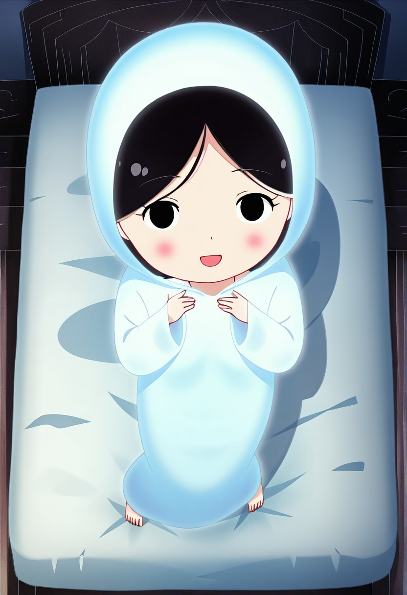 zPDXL3, source_cartoon, Perfect Hands, full body,
1girl, solo, aged down, bedroom, looking at viewer, saoirse, black hair, black eyes, blush, ghost, hood up, robe, barefoot, glowing, dancing on bed, from above, facing at viewer, feeling cold, eyes open, smile, open mouth, sleeve past wrist, slim body, long body, highlight cloth wrinkle, anime style,
<lora:Perfect Hands:1>  <lora:Saoirse_-_The_Song_of_the_Sea-000009:1>