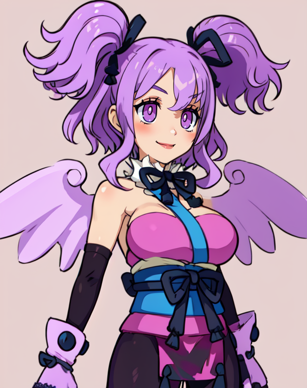 ceefore,  purple hair,  twintails,  purple eyes,  
fingerless gloves, wings , pink kimono, black pantyhose,  hair ribbon, elbow gloves, bare shoulders, 
standing, upper body,  
smile,
casino, 
(insanely detailed, beautiful detailed face, masterpiece, beautiful detailed eyes, best quality),
 <lora:ceefore:0.8>