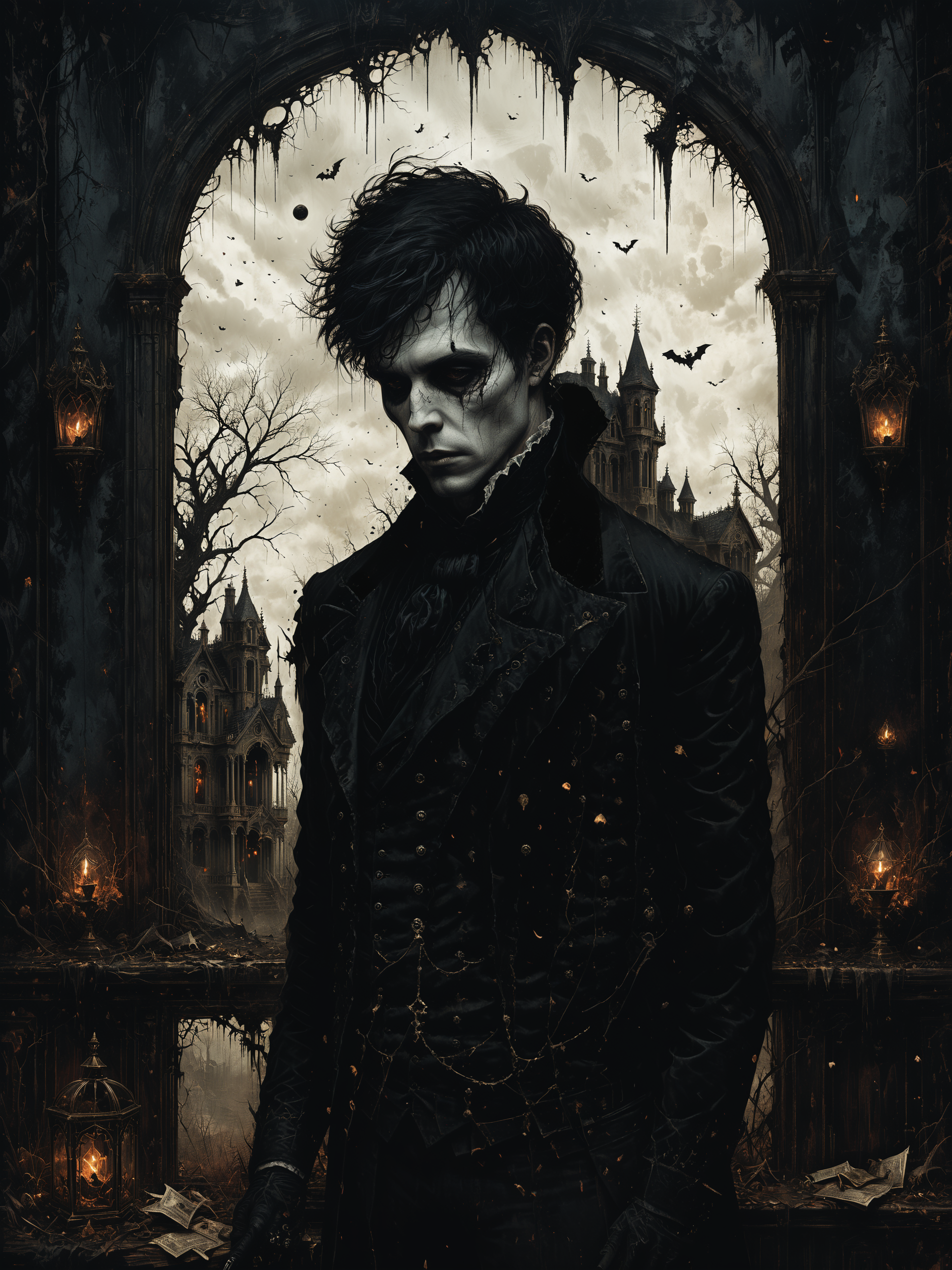 macabre style, digital illustration of Quantum illusionist creating alternate reality simulations, Crumbling, haunted mansion with broken windows in the background,, dark, gothic, grim, haunting, highly detailed smooth, artstation, digital illustration by ruan jia and mandy jurgens and artgerm and wayne barlowe and greg rutkowski and zdislav beksinski   <lora:Misty_Vintage:0.7> <lora:xl_more_art-full_v1:0.3>