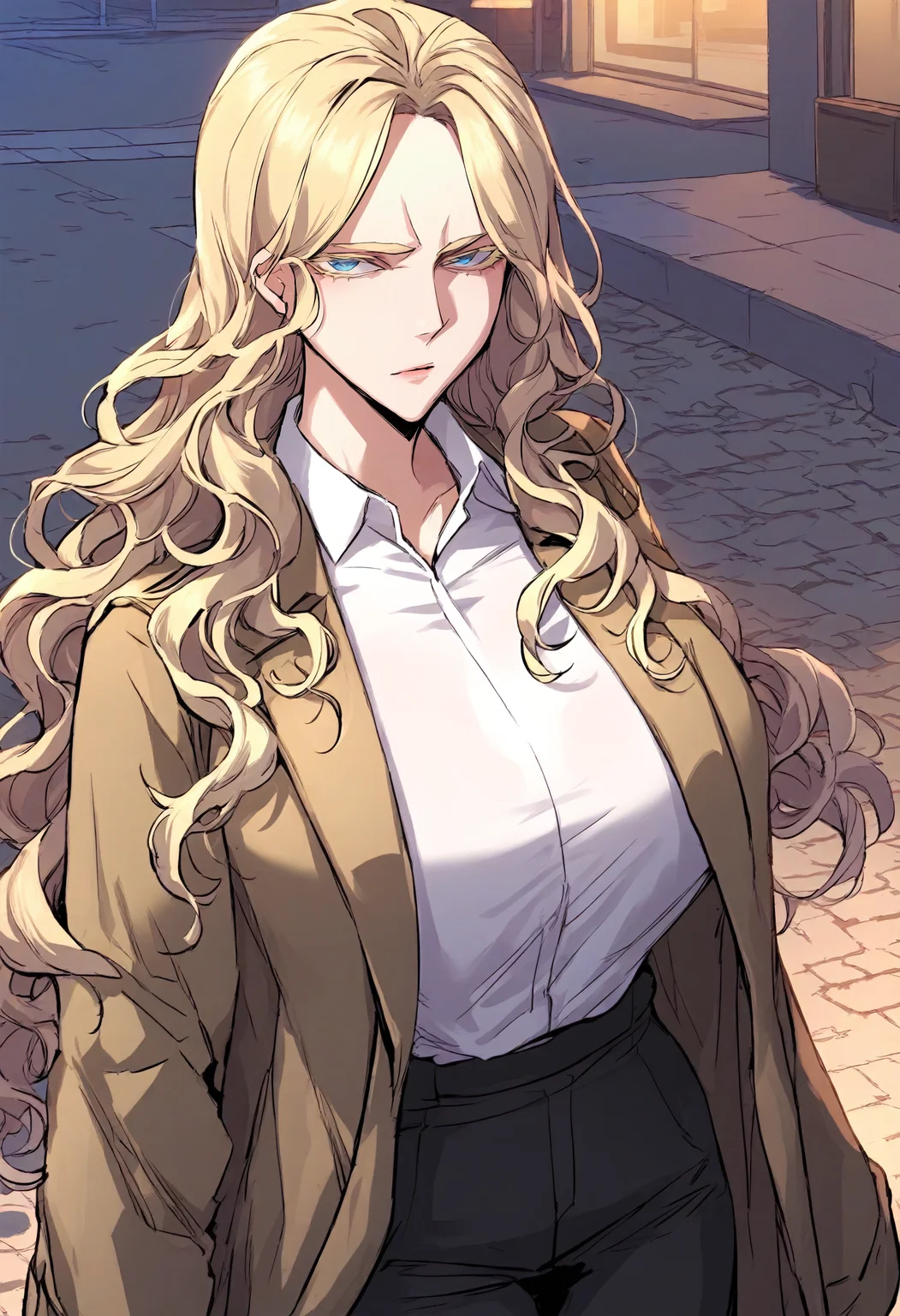 score_9, score_8_up, score_7_up, score_6_up, source_anime, rating_explicit, 1girl, solo, huge breasts, <lora:Alice prefectPonyxl:0.9> blonde hair, blue eyes, long hair, wavy hair, colored eyelashes, brown coat, trench coat, white shirt, collared shirt, long sleeves, black pants, expressionless, street, outdoors, looking at viewer, close-up