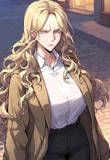 score_9, score_8_up, score_7_up, score_6_up, source_anime, rating_explicit, 1girl, solo, huge breasts, <lora:Alice prefectPonyxl:0.9> blonde hair, blue eyes, long hair, wavy hair, colored eyelashes, brown coat, trench coat, white shirt, collared shirt, long sleeves, black pants, expressionless, street, outdoors, looking at viewer, close-up