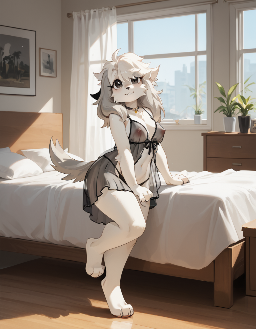 score_9,score_8_up,score_7_up,
indoors, bedroom, 
full body,smile,parted lips,long eyelashes,
see-through negligee, covered nipples, black thong bikini, 
<lora:Allie_v01_PDXL:1>,A11ie,1girl,solo,furry female,dog girl,black eyes,dog ears,dog tail,long hair,grey hair,body fur,white fur,
<lora:add-detail-xl:1>,