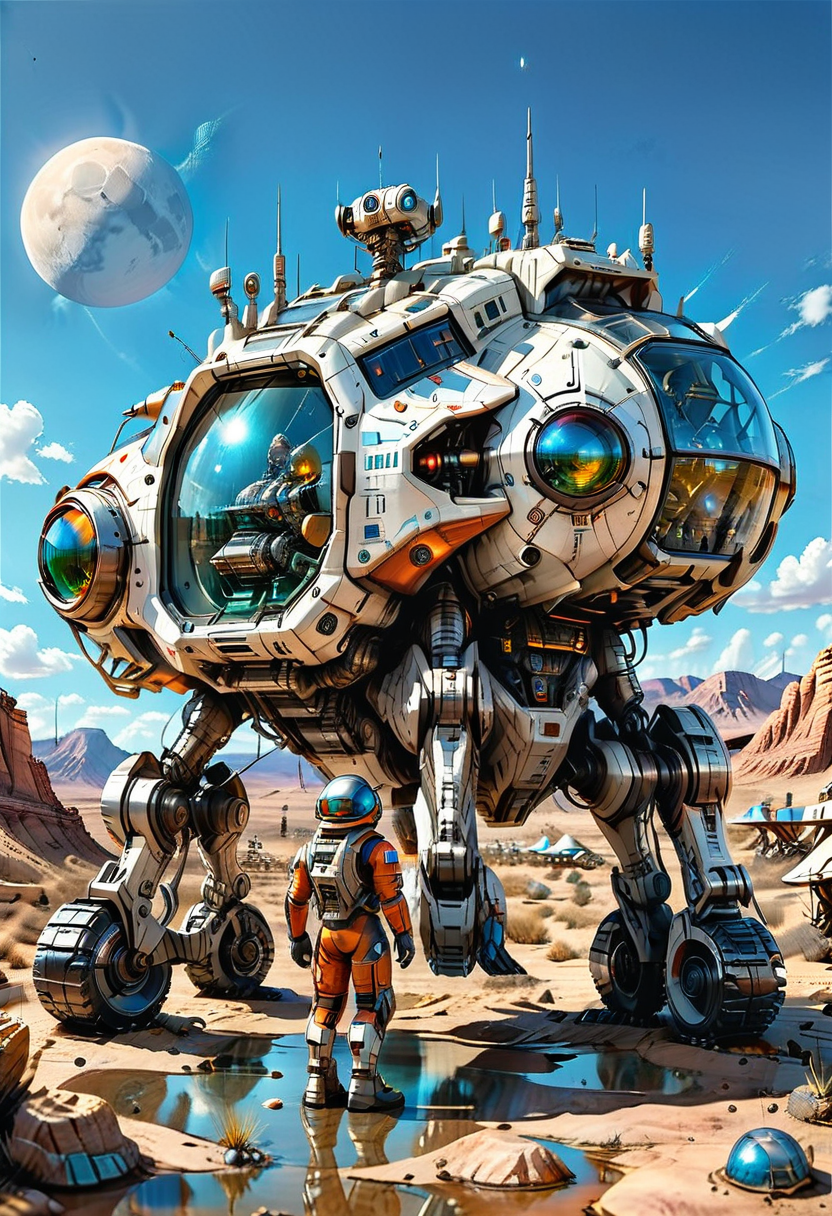 robot, science fiction, mecha, mountain, 1boy, moon, cloud, sky, ground vehicle, 1other, sun, reflection, spacesuit, outdoors, helmet, spacecraft, motor vehicle, non-humanoid robot, scenery, desert, wheeled vehicle, Walking vehicle, Traction City
(ultra sharp focus:2), (detailed windows:2), (thin lines:2), 
(best quality:1.8),
<lora:Apparatus - Traction City Walkers Vehicles_epoch_11:0.8>