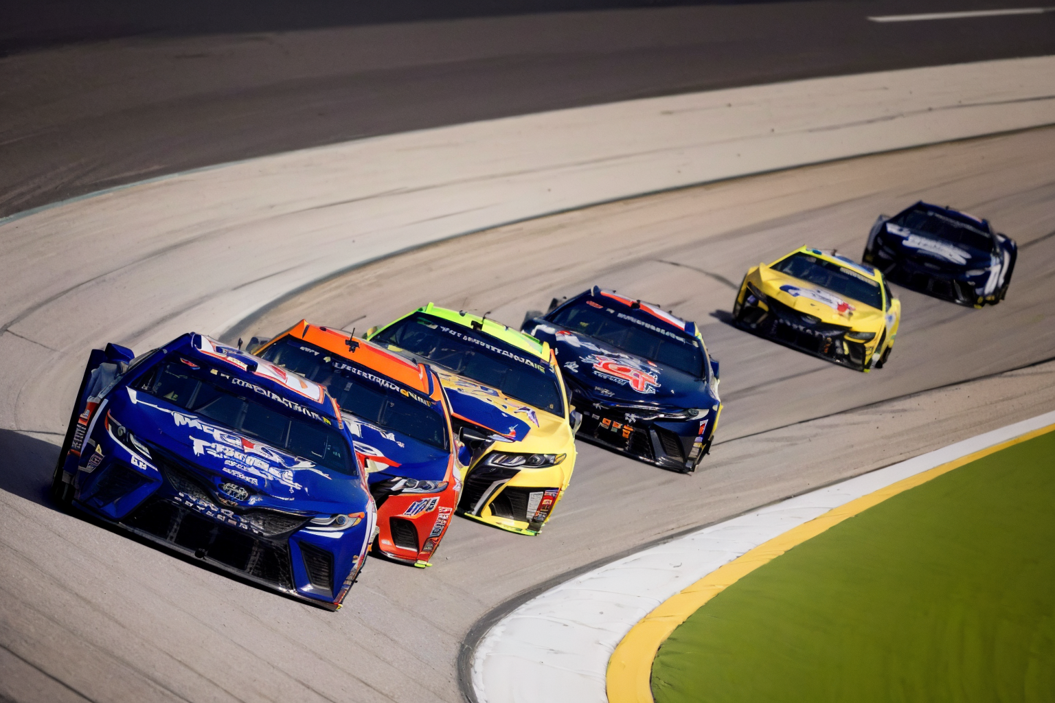 (masterpiece, best quality:1.2), ultra-detailed, gtoup of cars racing on track  EdobNascarRace, (realistic:1.5), <lora:EdobNascarRace_v1.0:1>
