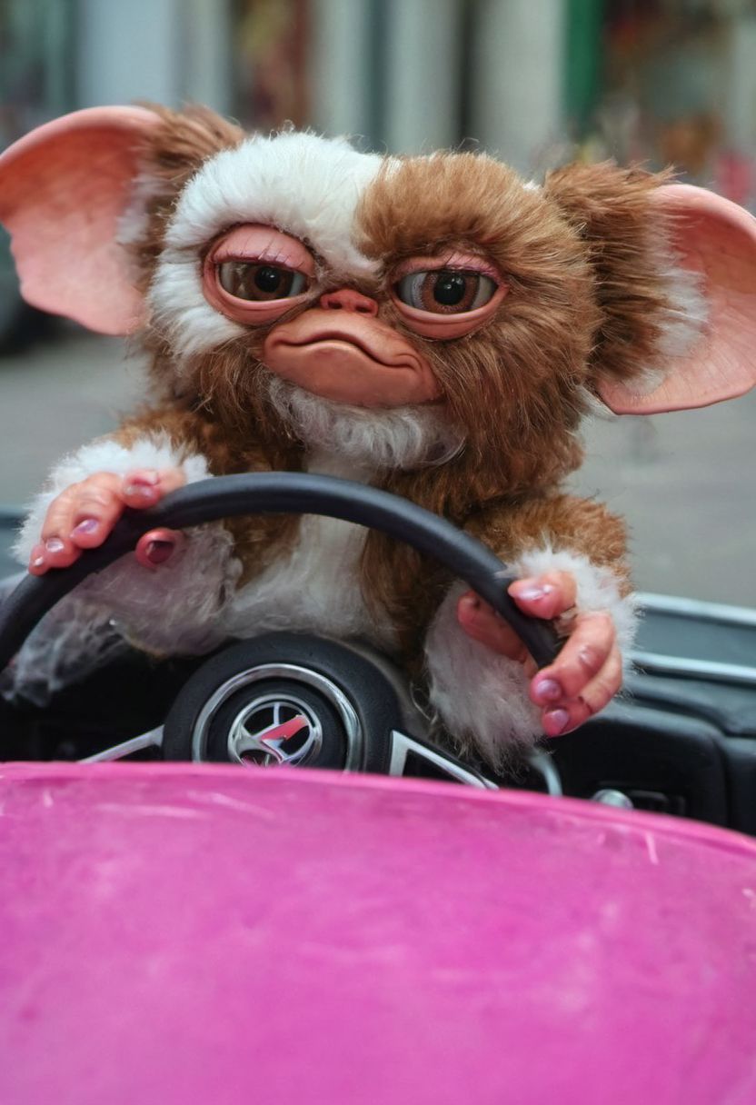 #giz#, (gremling driving a pink convertible car toy , Hands the steering, wheel down, hair moving through speed  :1.0) , amazing world, vivid colors, detailed , portrait in street of city, ( ultrarealist photography :1.3)