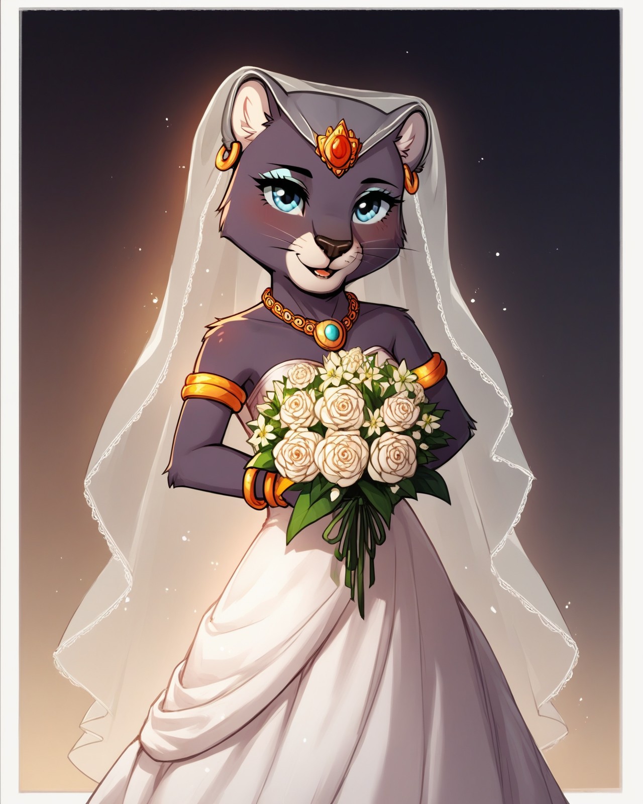score_9,score_8,score_7,source_furry,
<1girl:1.5>,
<solo:1.5>,
princess_romy, romy_panther,jewel,panther, lion ears, bald, hairless, veil,
<lora:Princess_Romy_Pony_SDXL:1> princess_romy,, dress,
wedding dress,
Wedding,
necklace,
chocker,
bracelets,
<white dress:1.5>,
gold,
silver,
holding flowers,
bouquet,