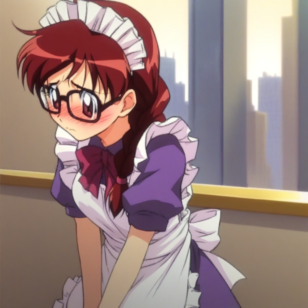 score_9, solo, minazuki_taeko, red hair, glasses, braided ponytail, maid headdress, apron, city, blush, shy