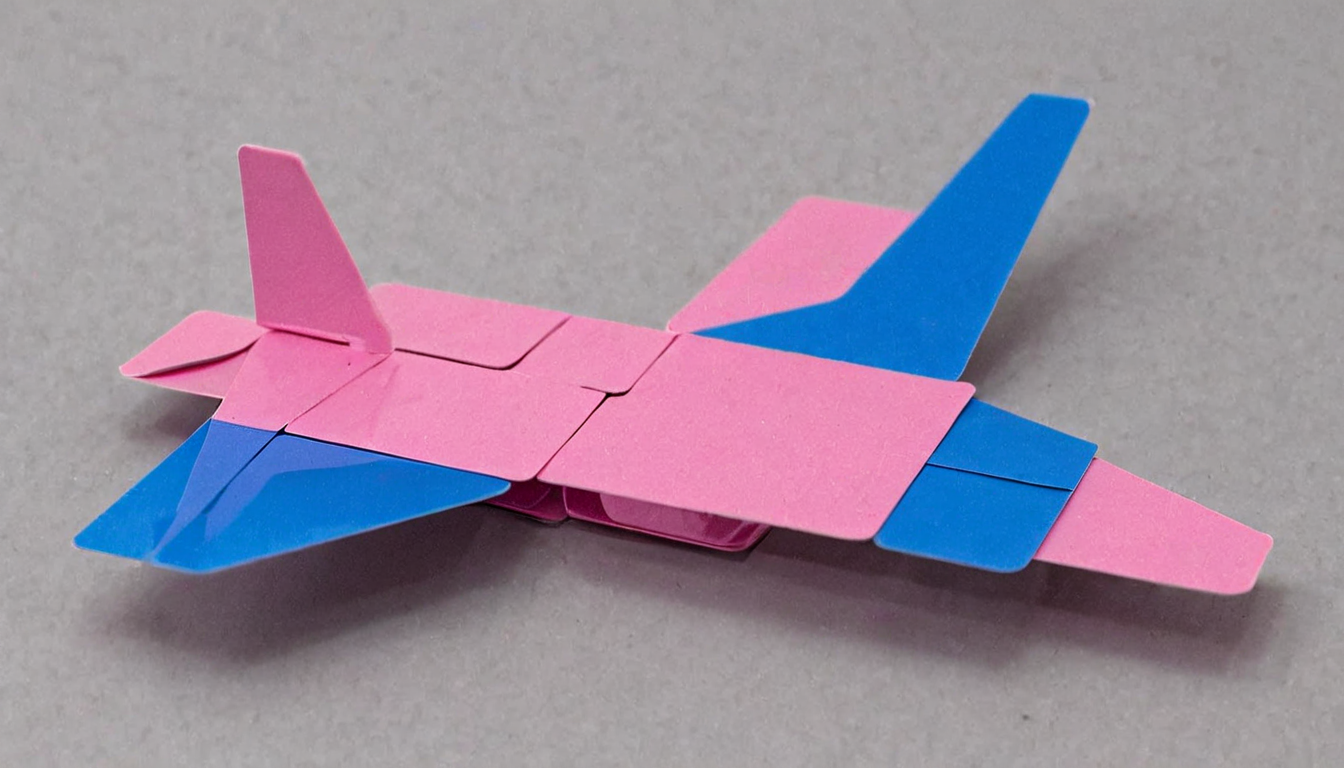 plastkort, an airplane (made from) single pink and blue colored rectangular plastic cards, <lora:Plastkort-000006:1>