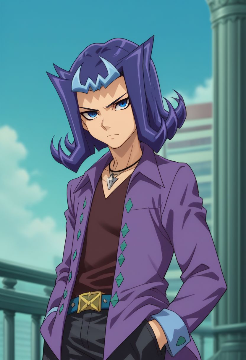 score_9, score_8_up, score_7_up, source_anime, highly detailed, 
shark, solo, 1boy, male focus, blue eyes, purple hair, blue hair, multicolored hair, hands in pockets, jewelry, necklace, pants, shirt, looking at viewer, jacket, black pants, belt, open clothes, closed mouth, purple jacket, upper body, frown,
outdoor,
