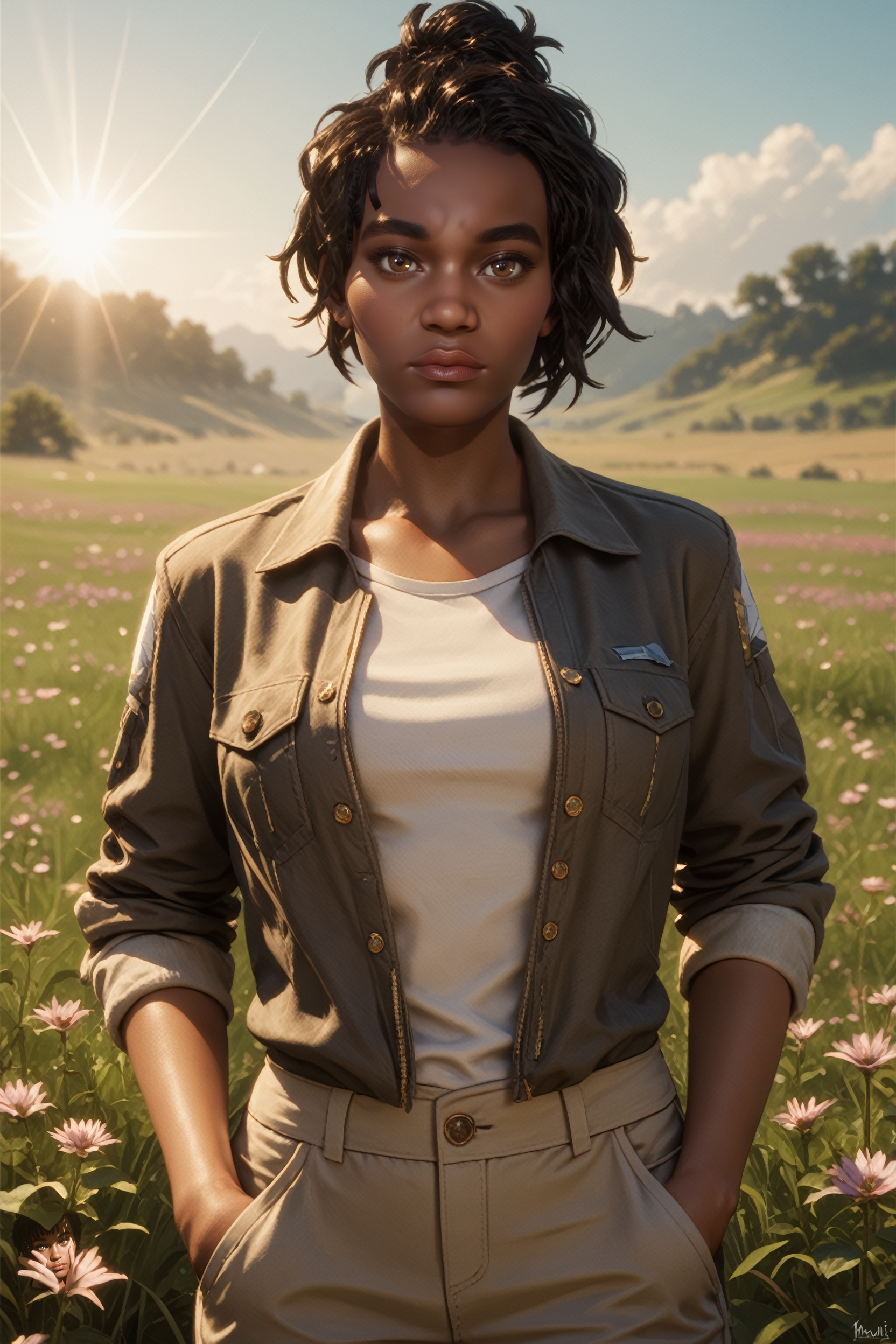 score_9, score_8_up, score_7_up, score_6_up
<lora:MKJacqui:0.8>
MKJacqui, 1girl, black hair, brown eyes, cornrows, dark skin, looking at viewer, standing in a field of lavender, hands in pockets, slight breeze blowing hair, warm golden hour sunlight, serene and peaceful mood