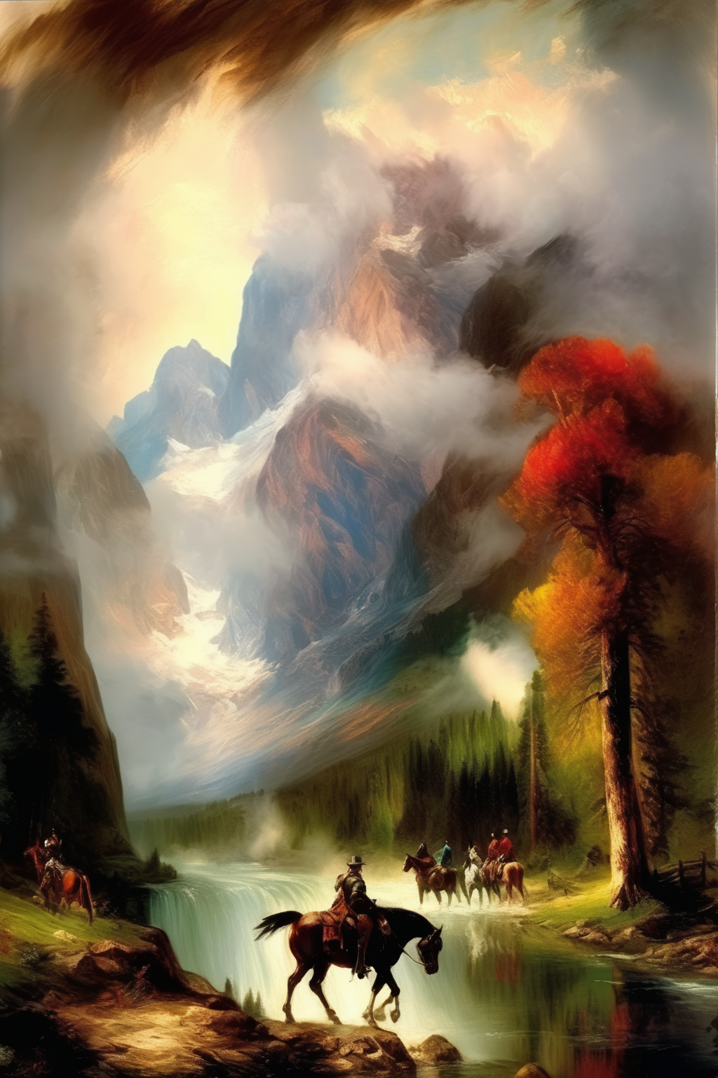 <lora:Thomas Moran Style:1>Thomas Moran Style - mountain, clouds, trees, river, people on horse