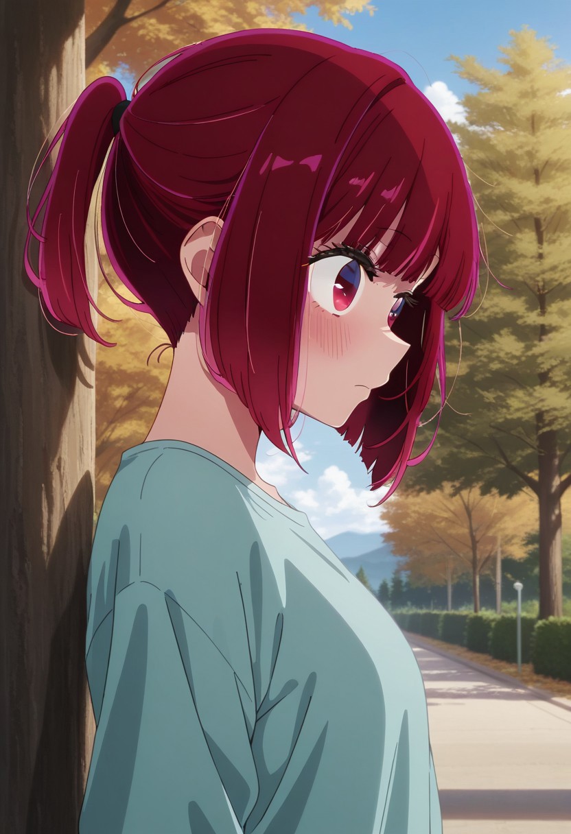 masterpiece,best quality,amazing quality, arima kana, red hair, short hair, red eyes, 1girl, solo, blush, outdoors, closed mouth, sky, sidelocks, tree, ponytail