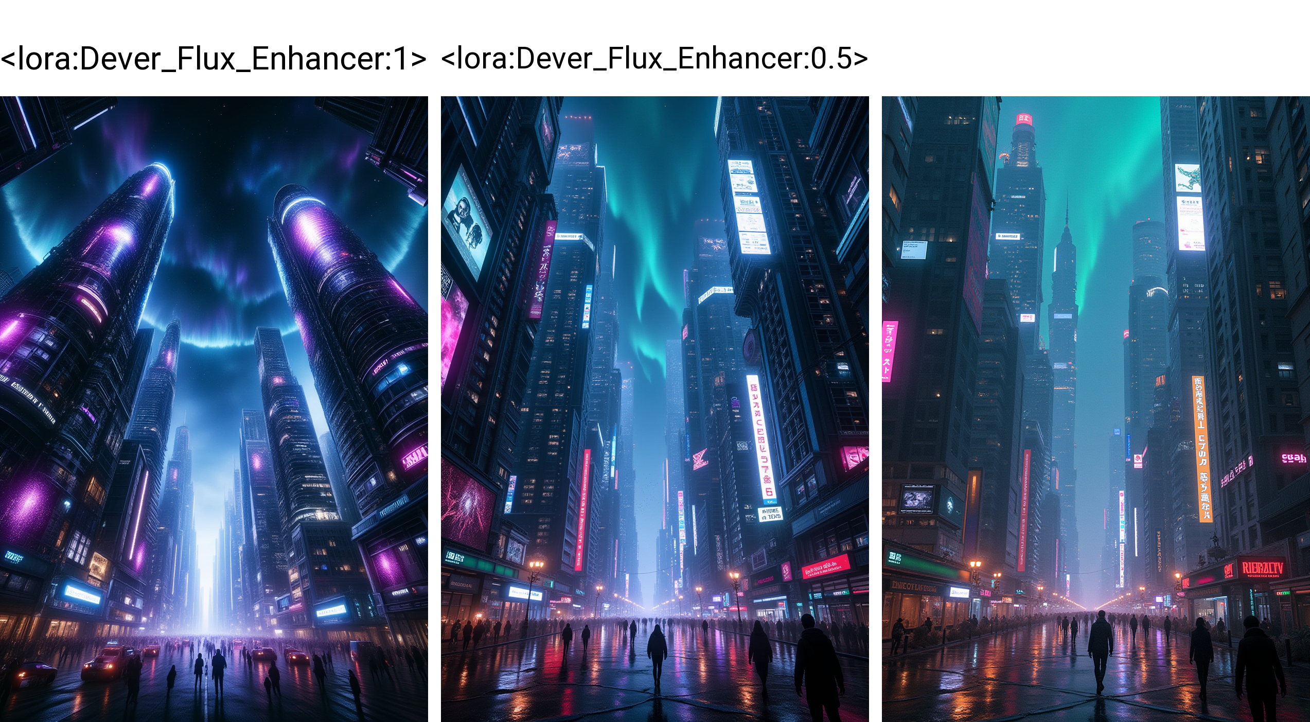 A sprawling cyber cityscape with towering skyscrapers adorned with holographic advertisements. Streets are filled with neon lights and cybernetic beings. The sky is dark with a digital aurora, and the atmosphere is a blend of advanced technology and urban grit
<lora:Dever_Flux_Enhancer:1>