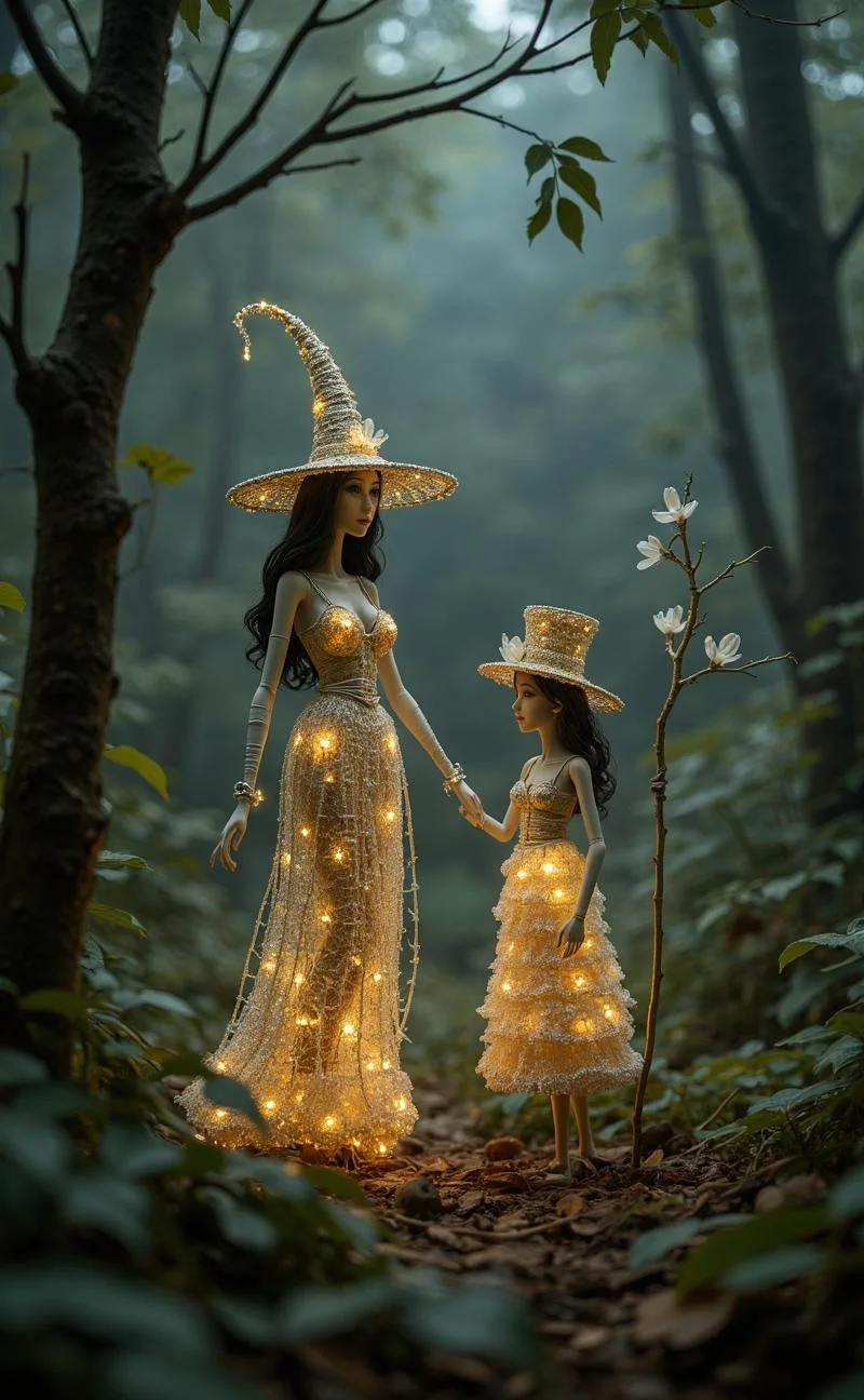 <lora:ck-plastic-models.safetensors:1> a diorama of a plastic model kit featuring
In a forest shrouded in twilight, two ethereal figures stand amid the whispering trees, their forms crafted from delicate, shimmering wire. The taller figure, a regal woman in her mid-30s with dark, flowing hair, wears a pointed hat and a skirt-like adornment that seems to dance with the light. Her staff, an elongated branch encrusted with glowing crystals, casts a soft, mesmerizing glow around her. She stands with an air of commanding grace, her eyes reflecting the mysterious depths of the forest.
Beside her, a slightly smaller figure, a confident woman in her late 20s with a cascade of curly hair, wears a top hat and a layered skirt that flows like the leaves around them. Her staff, a smaller, more intricate version, is adorned with delicate vines and tiny, luminescent flowers. Her presence is one of playful elegance, her smile hinting at secrets yet to be shared.
The forest itself is a tapestry of muted greens and browns, with a soft, diffused light filtering through the canopy, casting a serene and enchanting ambiance. The wire craftsmanship of the figures is so intricate that it seems to pulse with a life of its own, each curve and line a story of timeless beauty and seductive mystery. The scene, captured at eye level, draws the viewer into a world where the boundaries between the real and the mystical blur, inviting them to lose themselves in the refined allure and subtle sensuality of this enchanted moment.