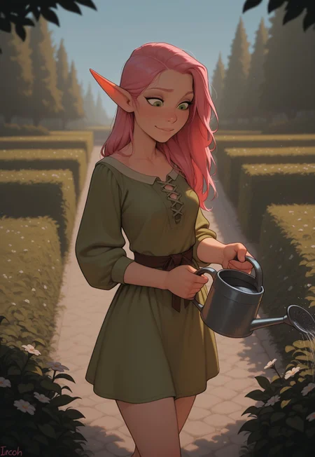 masterpiece, best quality, amazing quality, very aesthetic, DISNEY_ANIMATION, incoth, (incase:0.6), female, solo, (depth of field), medieval setting, outdoors, garden, day time
elf, pink hair, green eyes, cute face, slender, small breasts, long hair swept to one side, short elf ears, short ears,
simple dress,
walking in garden, holding a watering can, watering flowers,