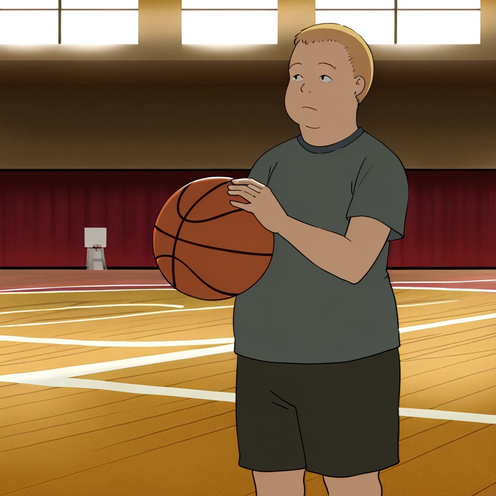 best quality, masterpiece, break, solo, male child, 1boy, bobby_h, blonde hair, short hair, t-shirt, shorts, plump, ball, basketball court, natural lighting
