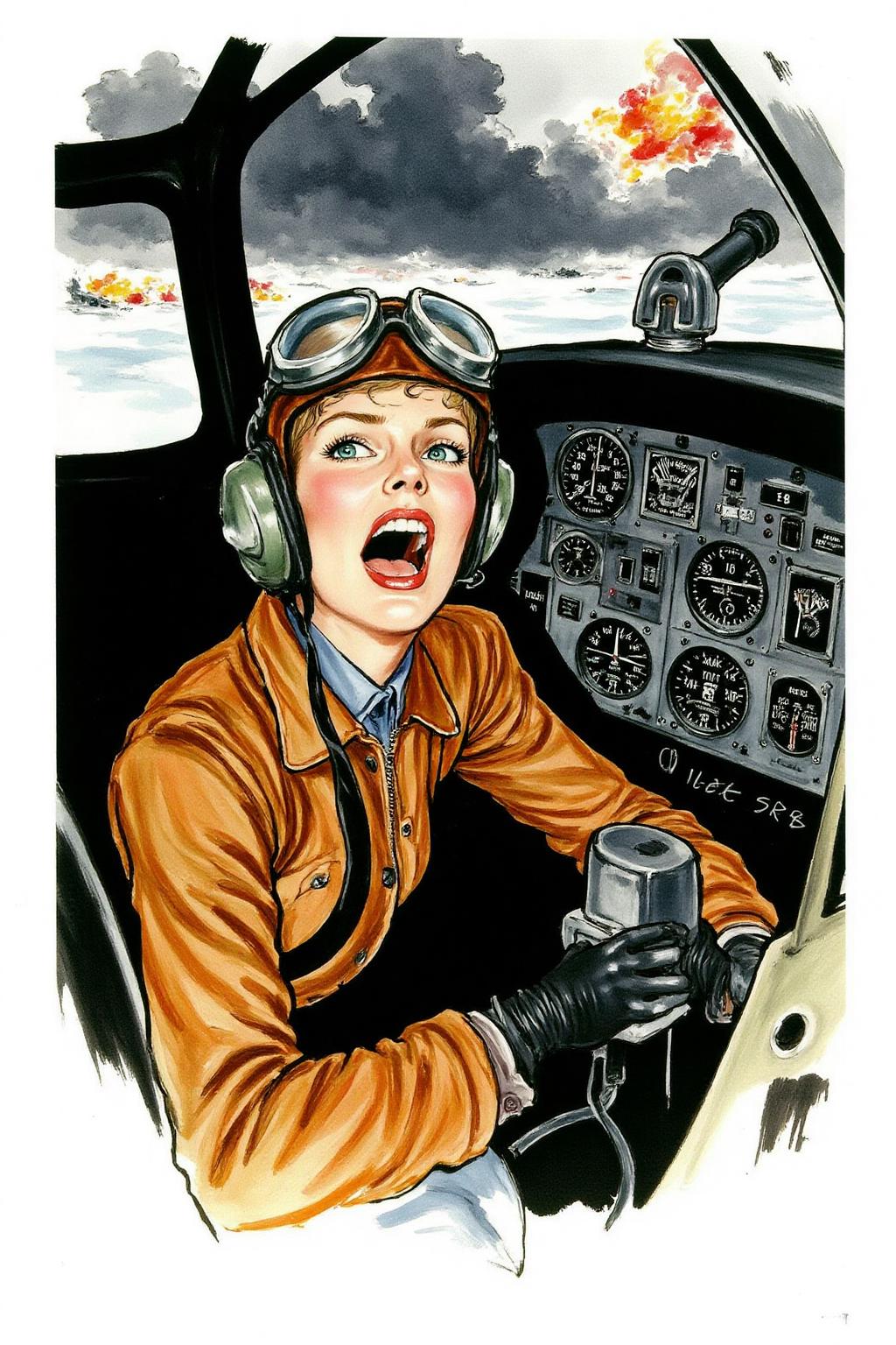 regr1 sketch 
A female pilot screaming inside the cockpit of a WWII bomber. The pilot, wearing a vintage leather flight helmet with goggles and a bomber jacket, grips the controls with white-knuckled hands. Her face is contorted in a mix of fear and determination as she yells, her eyes wide with adrenaline. The cockpit is cramped and filled with old-fashioned dials and gauges, with the outside view showing dark stormy clouds and distant anti-aircraft fire. The background is stark white  <lora:regr1_fashion_nocap_d6a3:1.0><lora:807317143122257344:0>
