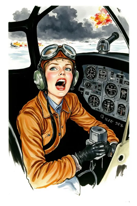 regr1 sketch
A female pilot screaming inside the cockpit of a WWII bomber. The pilot, wearing a vintage leather flight helmet with goggles and a bomber jacket, grips the controls with white-knuckled hands. Her face is contorted in a mix of fear and determination as she yells, her eyes wide with adrenaline. The cockpit is cramped and filled with old-fashioned dials and gauges, with the outside view showing dark stormy clouds and distant anti-aircraft fire. The background is stark white <lora:regr1_fashion_nocap_d6a3:1.0><lora:807317143122257344:0>