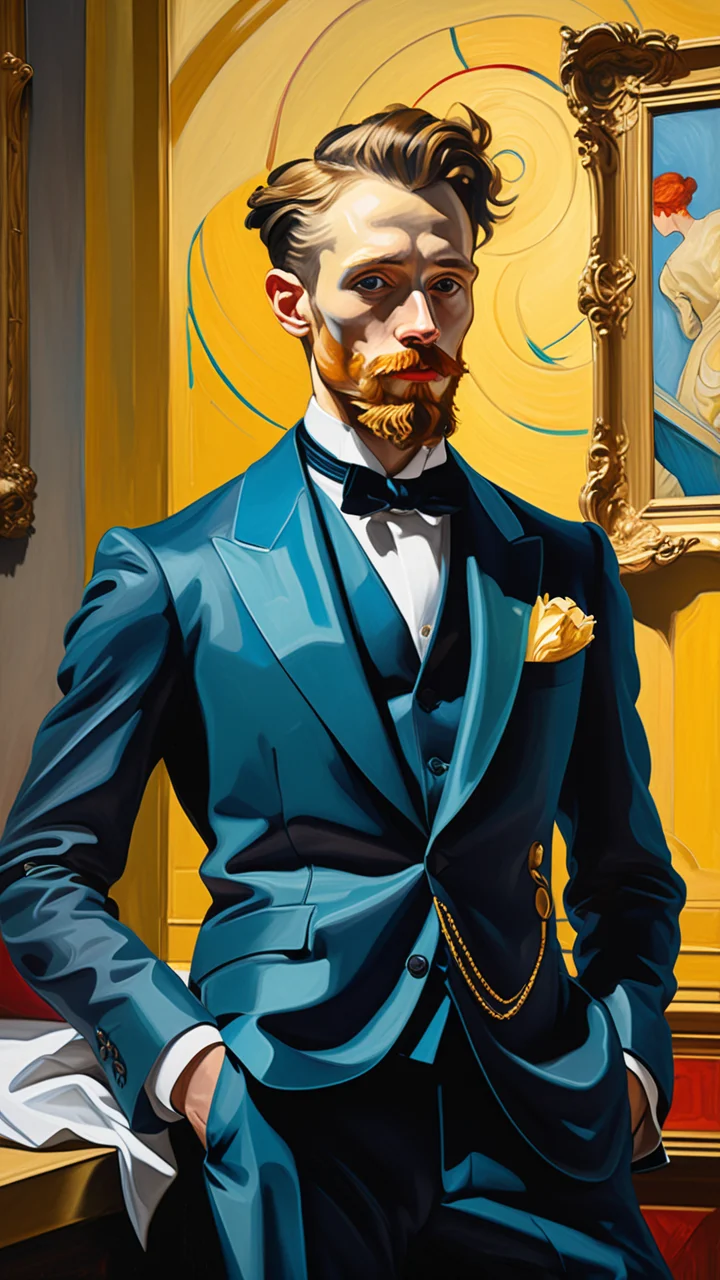 (masterpiece, best quality, score_9, score_8_up, oil painting:1.1),
An elegant 1920s gentleman stands poised within a lavish Gatsby-inspired setting, seamlessly blending John Singer Sargentâs refined brushwork, Claude Monetâs luminous color palettes, and Gustav Klimtâs intricate patterns with vibrant anime aesthetics. His impeccably tailored suit in warm golds and deep burgundies radiates sophistication, harmonizing with a complementary color scheme that evokes both nostalgia and modern vibrancy. His contemplative gaze, enhanced by Rembrandt-like chiaroscuro lighting, conveys profound emotion, while his expressive eyes reflect a deep, unspoken narrative. The richly detailed background, inspired by Van Goghâs swirling atmospheres and Toulouse-Lautrecâs dynamic nightlife, features ornate architectural elements and vibrant textures that create a sense of depth and movement. Cinematic lighting bathes the scene in a balanced interplay of shadows and highlights, enhancing the harmonious fusion of classical elegance and contemporary anime energy. Every element, from the subtle folds of his attire to the evocative color harmony, is meticulously crafted, resulting in a timeless masterpiece that celebrates the convergence of historical grace and modern artistic expression. (ultra high resolution tiny details:1.1)