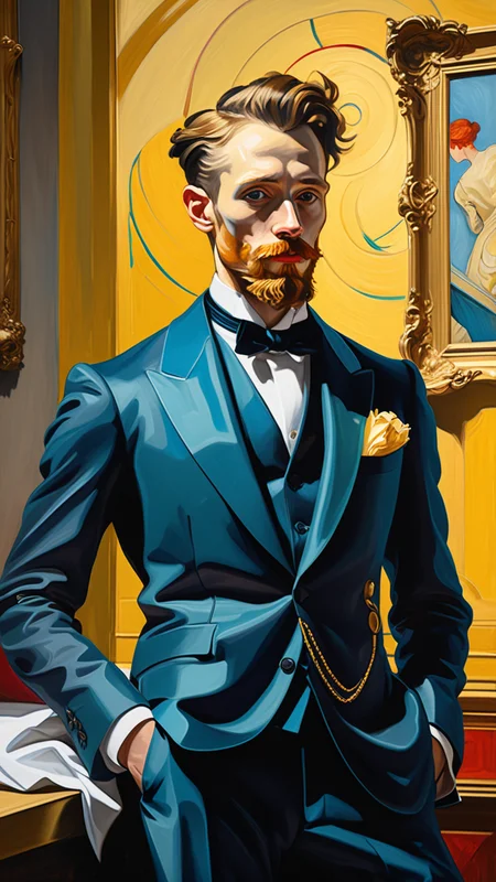 (masterpiece, best quality, score_9, score_8_up, oil painting:1.1),
An elegant 1920s gentleman stands poised within a lavish Gatsby-inspired setting, seamlessly blending John Singer Sargentâs refined brushwork, Claude Monetâs luminous color palettes, and Gustav Klimtâs intricate patterns with vibrant anime aesthetics. His impeccably tailored suit in warm golds and deep burgundies radiates sophistication, harmonizing with a complementary color scheme that evokes both nostalgia and modern vibrancy. His contemplative gaze, enhanced by Rembrandt-like chiaroscuro lighting, conveys profound emotion, while his expressive eyes reflect a deep, unspoken narrative. The richly detailed background, inspired by Van Goghâs swirling atmospheres and Toulouse-Lautrecâs dynamic nightlife, features ornate architectural elements and vibrant textures that create a sense of depth and movement. Cinematic lighting bathes the scene in a balanced interplay of shadows and highlights, enhancing the harmonious fusion of classical elegance and contemporary anime energy. Every element, from the subtle folds of his attire to the evocative color harmony, is meticulously crafted, resulting in a timeless masterpiece that celebrates the convergence of historical grace and modern artistic expression. (ultra high resolution tiny details:1.1)