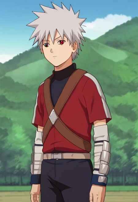 youngkakashi, solo, solo focus, 1boy, lean body, wear red shirt, unbuttoned shirt, wear black shorts, outdoor, sunny day, clear sky