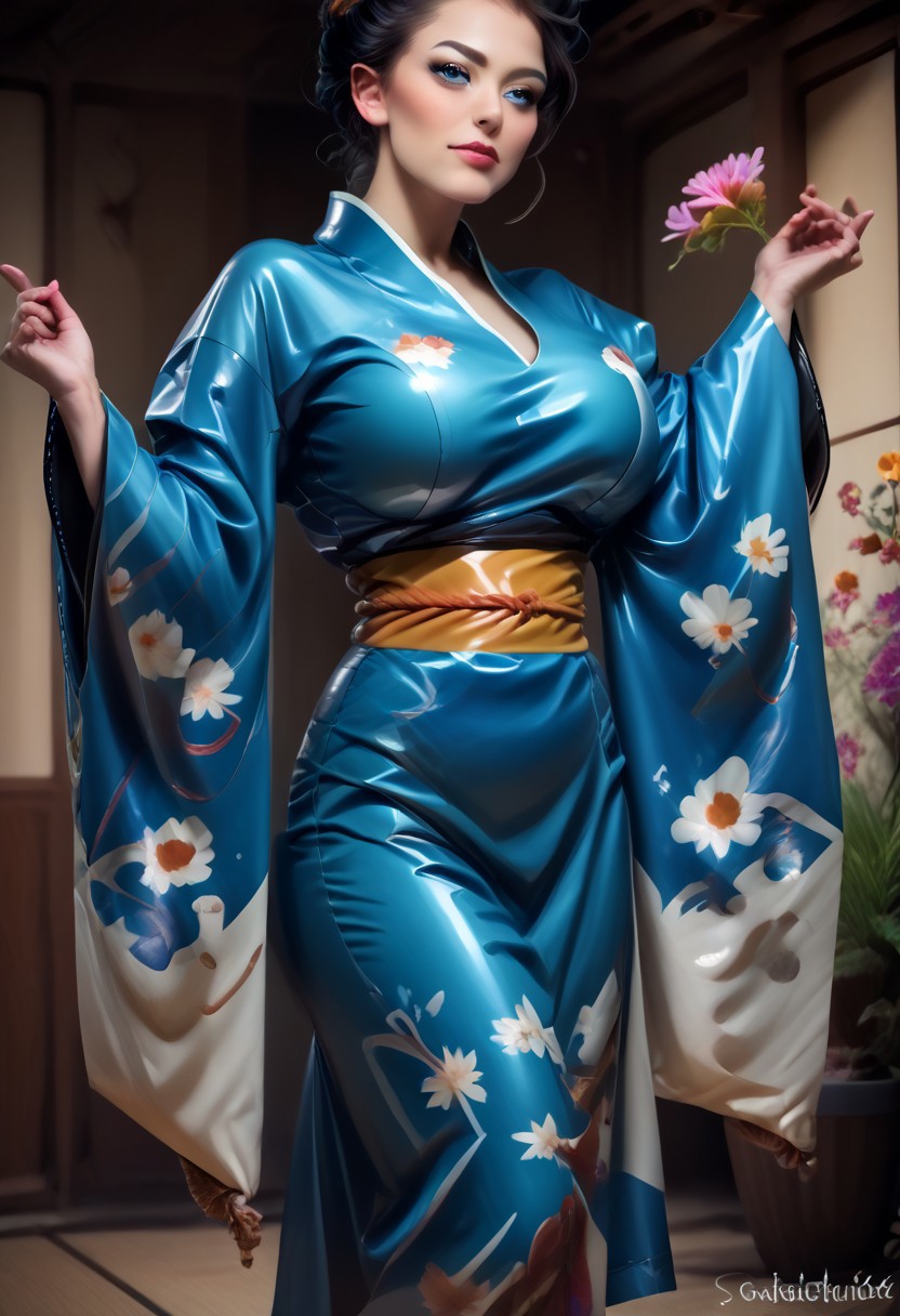score_9, score_8_up, score_7_up, rating_safe, concept art, semi-realistic, 1girl, solo.
Young beautiful face, fit body, Blue eyes.
(Big breast:1.2), (Round breast:1.5).
Latex Kimono, (Wide sleeves:1.5), (Wide Obi).
Print on sleeves. Flower print.