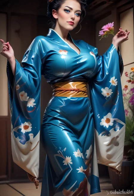 score_9, score_8_up, score_7_up, rating_safe, concept art, semi-realistic, 1girl, solo.
Young beautiful face, fit body, Blue eyes.
(Big breast:1.2), (Round breast:1.5).
Latex Kimono, (Wide sleeves:1.5), (Wide Obi).
Print on sleeves. Flower print.