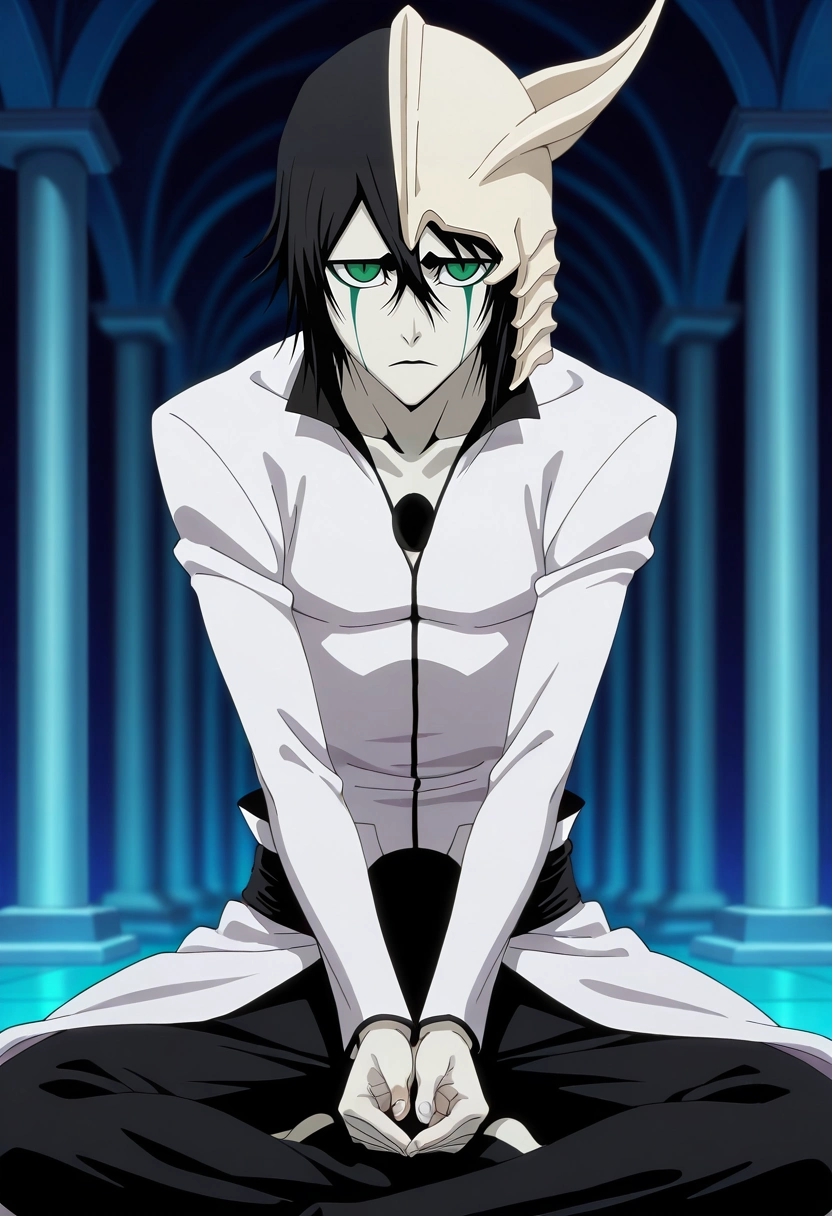 masterpiece, best quality, intricate details, anime screencap, , official style, looking at viewer, depth of field, 1boy, solo, male focus, <lora:ulquiorra_cifer_ilxl:0.98>, ulquiorra_cifer, black hair, green eyes, facial mark, hair between eyes, arrancar, mask, short hair, neon sanctuary, light temples, holo-gardens, quiet spaces, meditation pose, serene expression, night,