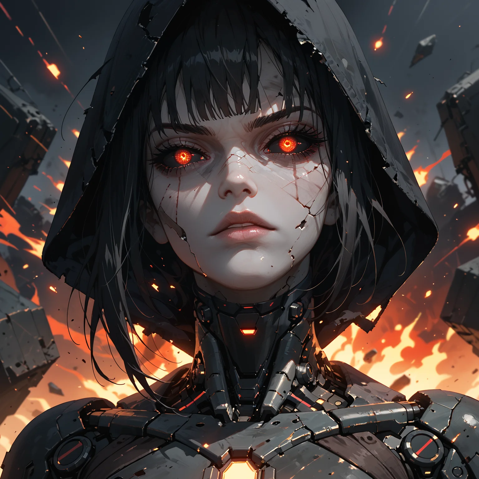score_9,score_8_up,score_7_up,score_6_up, solo, 25 year old woman, edgy, in dark neon cyberpunk alley, cracked skin, chiaroscuro, scars, cybernetics, head tilt, cracked skin, mechanical under skin, mechanical parts, mechanical eyes, (black sclera), glowing eyes, grey skin, damaged mechanics, oversized hood, gothic, wind, war, fire, explosions, emissive, dynamic angle, backlighting, saturated, cinematic filter, textured, embers, sparks, dark, low-key, cyborg, particles, sinozick style, dark theme, <lora:add-detail-xl:1> <lora:Sinozick_Style_XL_Pony:0.6> <lora:zavy-cntrst-sdxl:1>