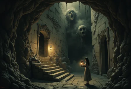 A woman descending a steep, crumbling staircase into a dungeon shrouded in oppressive darkness. The dungeon appears endless, with walls that stretch and warp unnaturally as if alive. A chilling mix of Gothic horror and surrealism, with intricate details and dynamic lighting. aidmaMJ6.1
aidmaMJ6.1