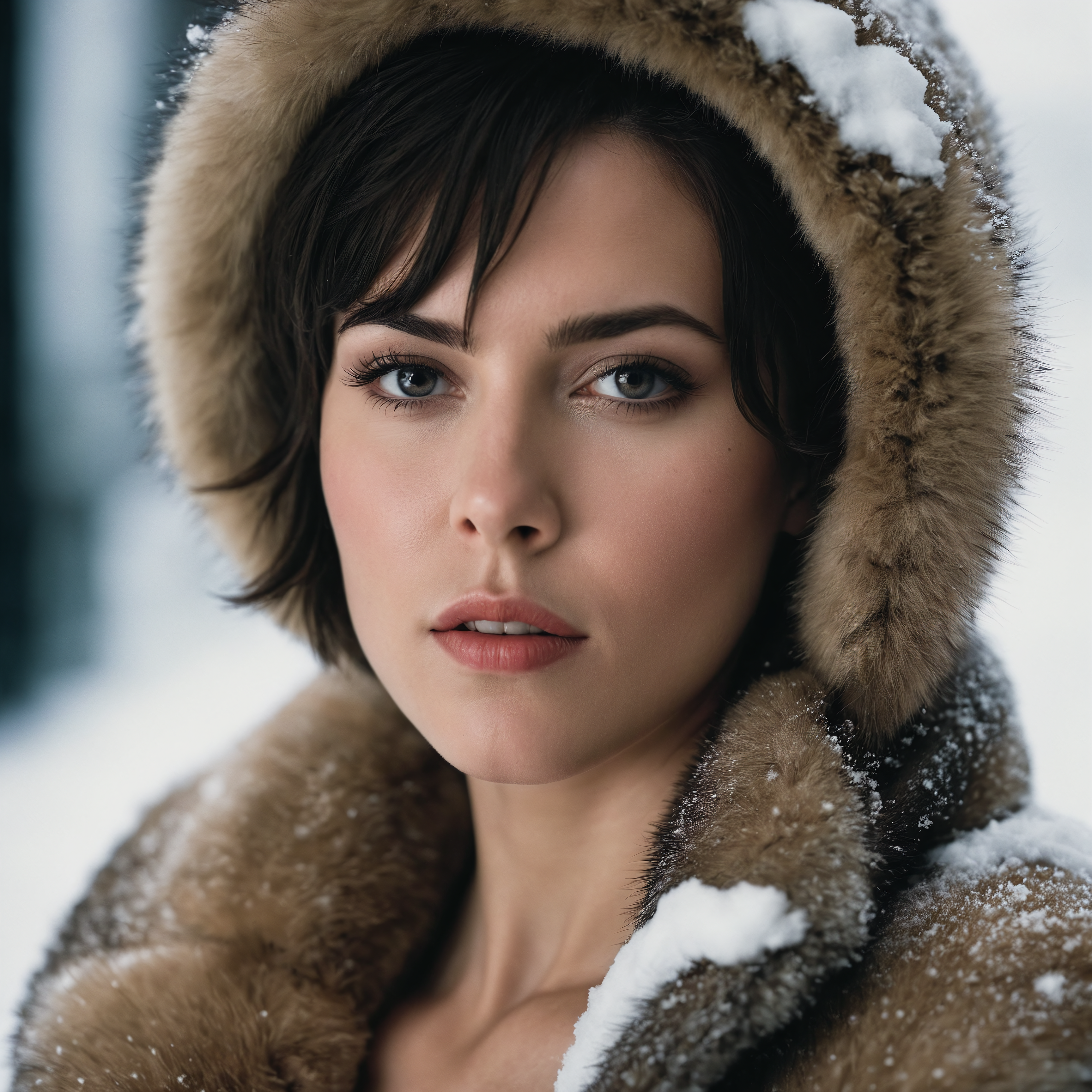 photoshoot, photo studio, RAW photo, editorial photograph, film stock photograph, cinematic, posing, beautiful attractive naked princess, detailed vagina, short hair, wearing furs, snow, dark atmosphere, ((focused on eyes)), feminine expressions, photography, 35mm, Nikon D850 film stock photograph, Kodak Portra 400 camera f1.6 lens, 8k, UHD
